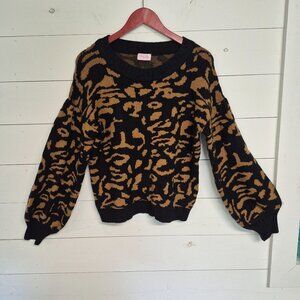Pink Lily Womens super soft Black & Tan Leopard Print Knit Sweater L